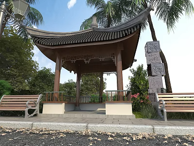 Ancient Architecture Pavilion With Traditional Curved Roof Wooden Structure And Stone Benches Among Trees 3d model