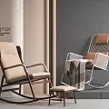 Modern Rocking Leisure Chairs with Beige Brown Cushions Wooden White Frames and Blanket