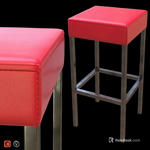 Two Red Leather Bar Stools Featuring Metal Frame And Comfortable Seats Design 3d model 