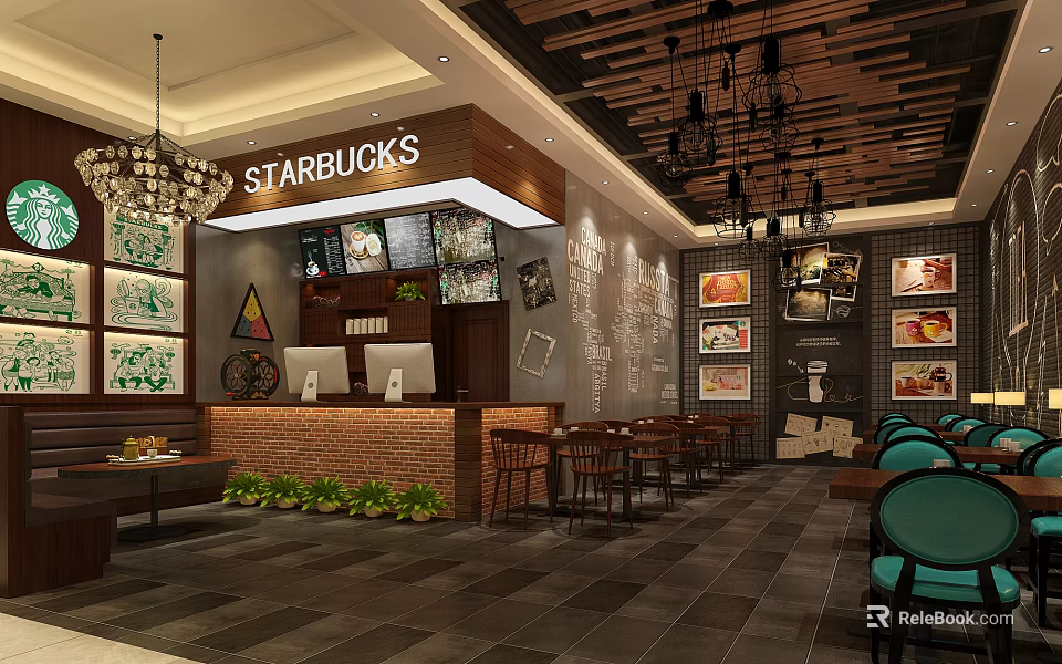 Starbucks Coffee Shop Interior With Wooden Ceiling Chandeliers Green Plants And Tables Chairs 3d model 
