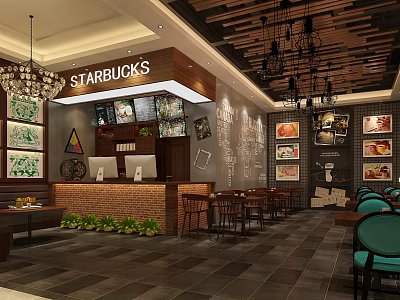 Starbucks Coffee Shop Interior With Wooden Ceiling Chandeliers Green Plants And Tables Chairs 3d model