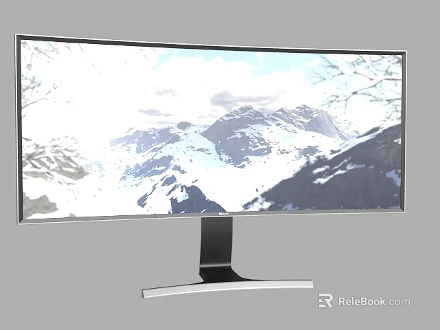 Curved Computer Monitor With Modern Design And Mountain View Display Screen 3d model 