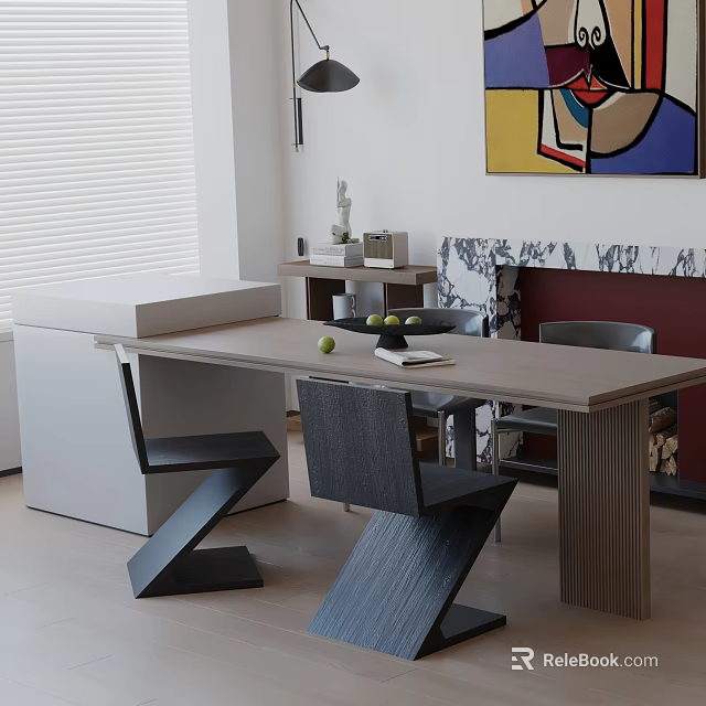 Modern Minimalist Dining Table Set With Black Chairs White Cabinet And Decorative Painting 3d model 