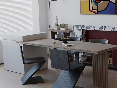 Modern Minimalist Dining Table Set With Black Chairs White Cabinet And Decorative Painting 3d model
