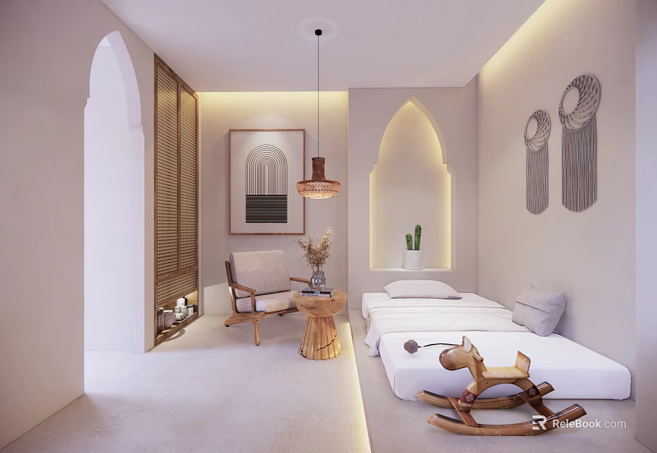 Cozy Minimalist Hotel Guest Room with Arched Archway Light Walls Platform Bed and Rocking Horse 3d model 