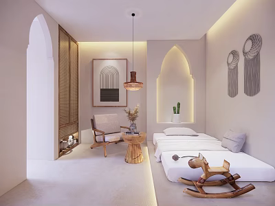 Cozy Minimalist Hotel Guest Room with Arched Archway Light Walls Platform Bed and Rocking Horse 3d model
