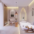Cozy Minimalist Hotel Guest Room with Arched Archway Light Walls Platform Bed and Rocking Horse