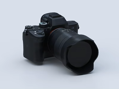 Professional Black Digital Camera Body With Large Lens And Control Buttons 3d model