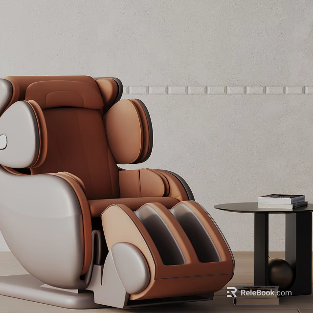 Modern Brown and Beige Recliner Chair with Side Table and Books Near Decorative Wall Strips 3d model 
