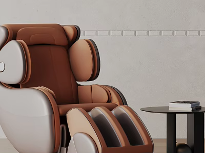 Modern Brown and Beige Recliner Chair with Side Table and Books Near Decorative Wall Strips 3d model