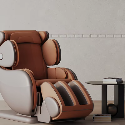 Modern Brown and Beige Recliner Chair with Side Table and Books Near Decorative Wall Strips 3d model