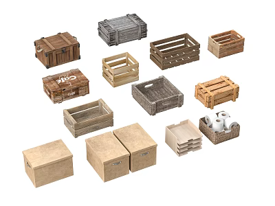 Assorted Wooden Boxes And Crates Featuring Open And Closed Designs For Storage Packaging 3d model