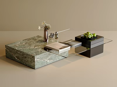 Modern Coffee Table With Green Marble Base Glass Top Decorative Vase And Green Fruits 3d model