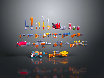 3D Rendered Colorful Toy Weapons Including Guns Knives Hammers With Different Colors And Dark Background 3d model