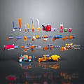 3D Rendered Colorful Toy Weapons Including Guns Knives Hammers With Different Colors And Dark Background