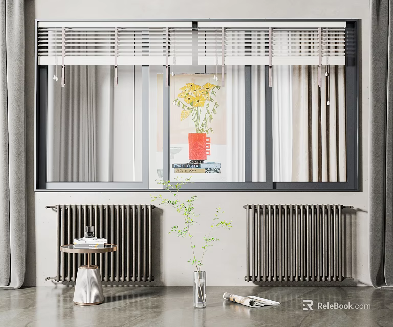 Modern Casement Window With Shutter Design Grey Curtains And Sunflowers Vase In Interior Space 3d model 