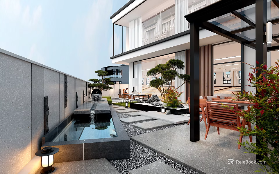 Modern Garden Landscape With Water Pool Stone Path Outdoor Furniture Pine Trees And Modern Building 3d model 