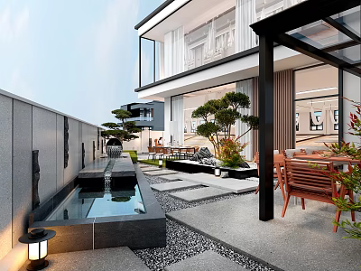 Modern Garden Landscape With Water Pool Stone Path Outdoor Furniture Pine Trees And Modern Building 3d model