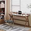 Modern Wooden Desk With Laptop Lamp Vase Mug And Chair Near Window