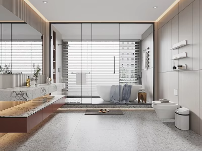 Modern Elegant Bathroom Interior With Marble Vanity Countertop Bathtub Large Window Blinds Shelves And Toilet 3d model