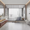 Modern Elegant Bathroom Interior With Marble Vanity Countertop Bathtub Large Window Blinds Shelves And Toilet
