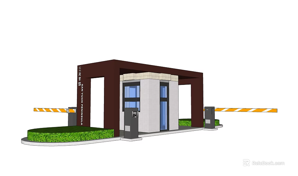 Contemporary Entrance Security Booth Featuring Brown Frame White Walls Blue Door And Green Lawn 3d model 