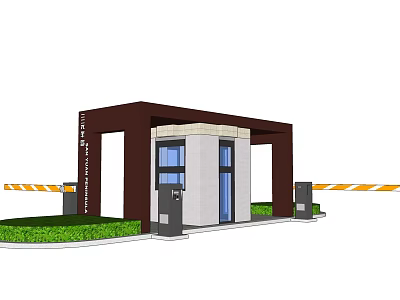 Contemporary Entrance Security Booth Featuring Brown Frame White Walls Blue Door And Green Lawn 3d model