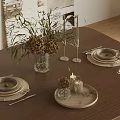 Elegant Wooden Dining Table Setting With Floral Vase Candle Holders And Tableware