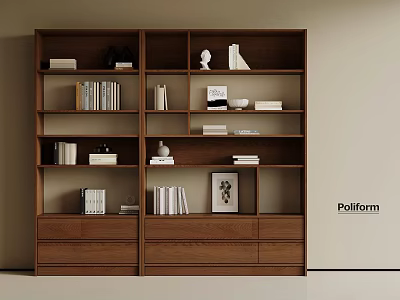 Modern Walnut Bookcase With Multiple Compartments Drawers Books Decorative Sculptures And Framed 3d model