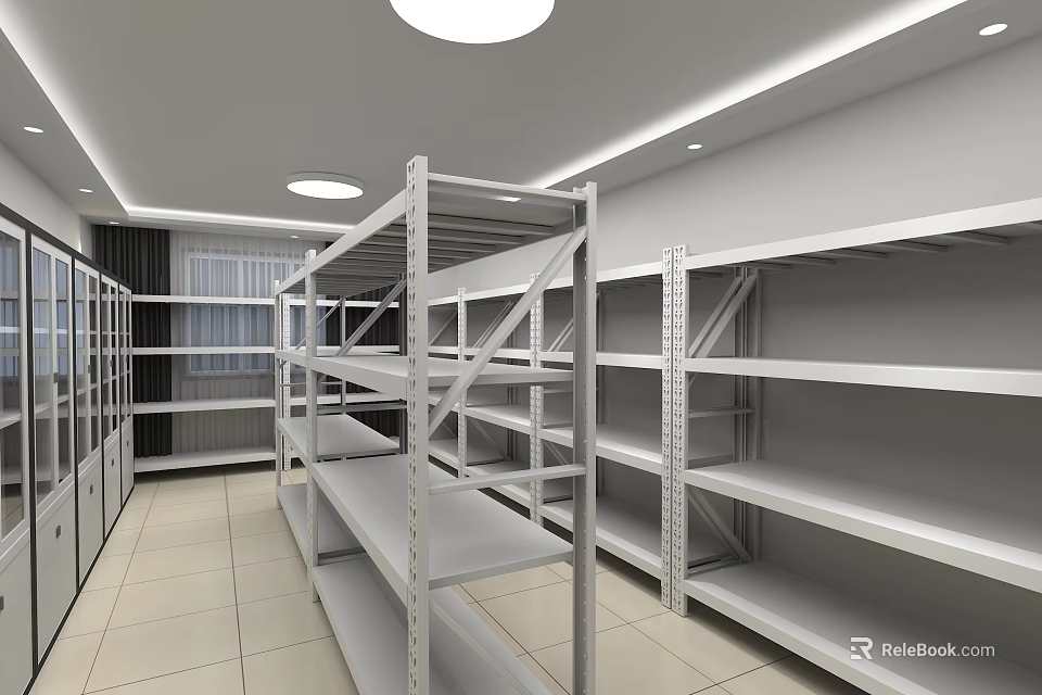 Spacious Storage Room With Metal Shelves White Walls And Tile Floor 3d model 