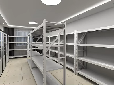 Spacious Storage Room With Metal Shelves White Walls And Tile Floor 3d model
