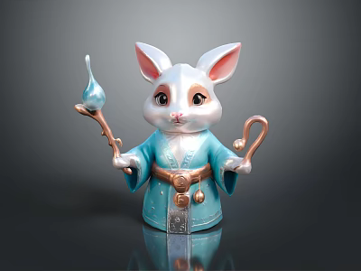 Anthropomorphic White Rabbit Fantasy Character Wearing Blue Robe With Staff Teardrop Ornament And Bell Belt 3d model