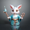 Anthropomorphic White Rabbit Fantasy Character Wearing Blue Robe With Staff Teardrop Ornament And Bell Belt