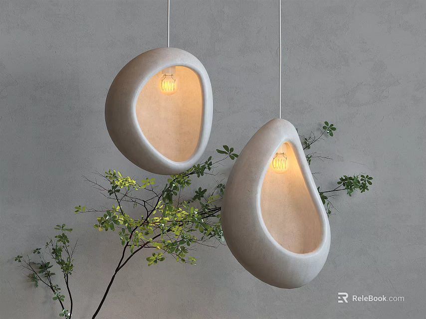 Two White Oval Pendant Lights with Green Plant Branches Against Grey Wall 3d model 