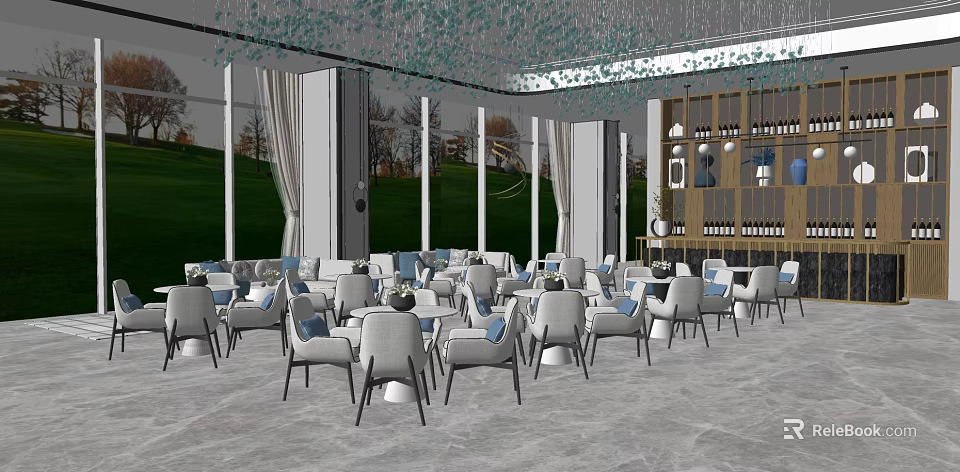 Spacious Modern Lounge Area Interior With Comfortable Seating Large Windows And Green Views 3d model 