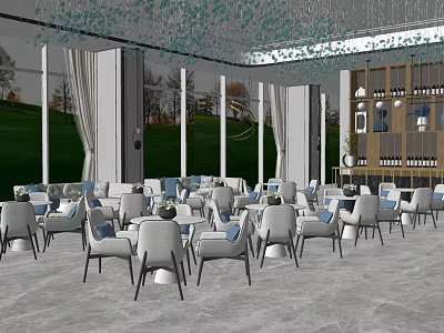 Spacious Modern Lounge Area Interior With Comfortable Seating Large Windows And Green Views 3d model
