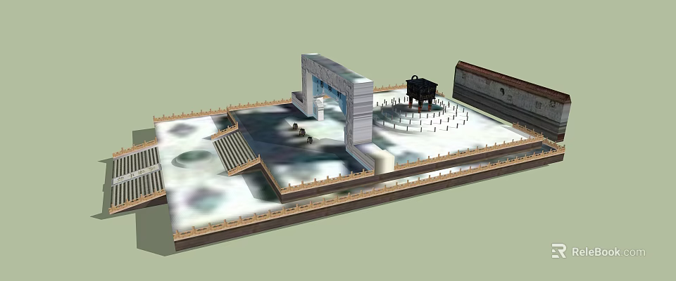 Ancient Architecture with Memorial Archway Stone Steps Circular Platform and Wooden Railing 3d model 