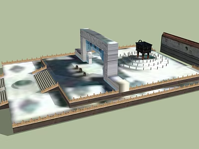 Ancient Architecture with Memorial Archway Stone Steps Circular Platform and Wooden Railing 3d model