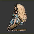 Alice Themed Doll Sitting On Vintage Pocket Watch With Playing Cards Teacup And Apple