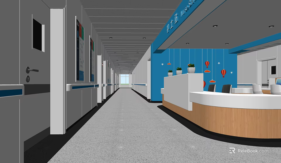 Elevator Corridor Interior With Blue Walls Reception Desk And Potted Plants 3d model 