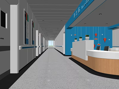 Elevator Corridor Interior With Blue Walls Reception Desk And Potted Plants 3d model