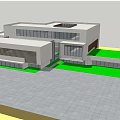 Modern Sales Office Building With Glass Curtain Wall White Facade Wooden Accents And Landscaped Lawn 3d model