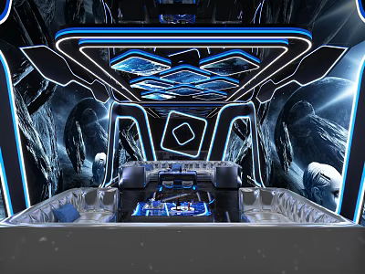 Modern KTV Lounge With Blue Neon Lights Geometric Decor Comfortable Seats And Control Panel 3d model