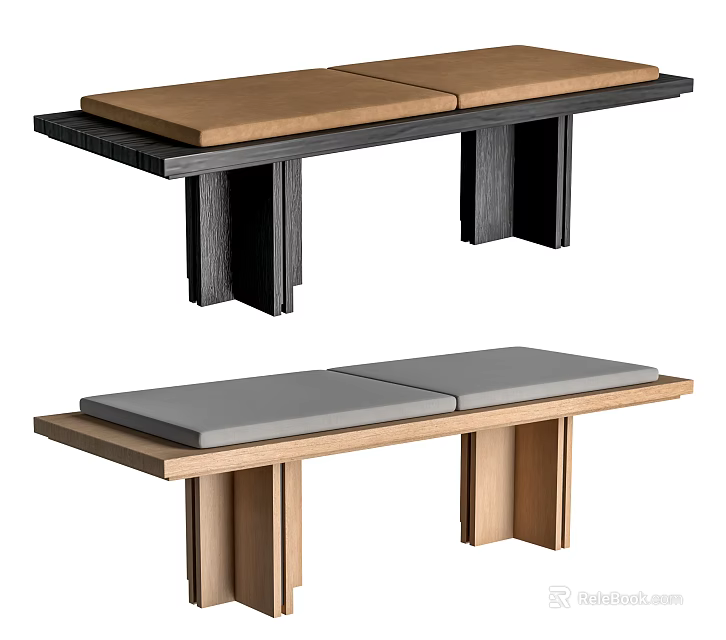 Modern Public Bench With Black And Natural Wooden Frames Brown And Gray Cushions 3d model 