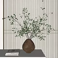 Brown Ceramic Vase With Green Leafy Branches On White Tabletop And Vertical Slat Backdrop 3d model