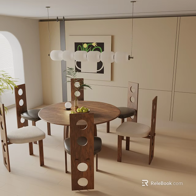Round Wooden Dining Table Set with Four Hollowed-out Chairs Vase Plant Hanging Lights Wall Art 3d model 