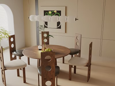 Round Wooden Dining Table Set with Four Hollowed-out Chairs Vase Plant Hanging Lights Wall Art 3d model
