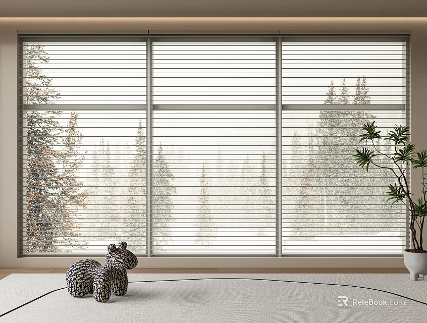Modern Window Blinds In Interior Space With Forest View And Potted Plant 3d model 