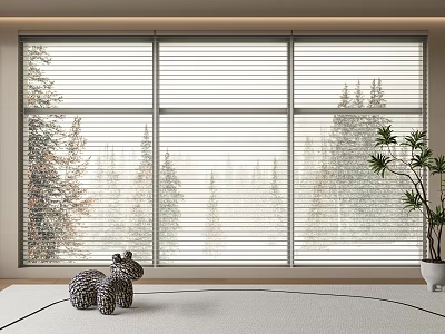 Modern Window Blinds In Interior Space With Forest View And Potted Plant 3d model