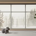 Modern Window Blinds In Interior Space With Forest View And Potted Plant